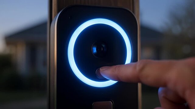 Person pressing button on a smart video doorbell with blue light ring