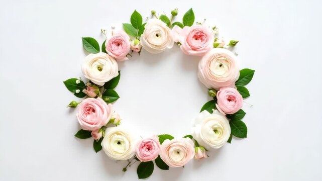 Elegant floral wreath made of pink and white ranunculus roses with green leaves on a minimalist white background
