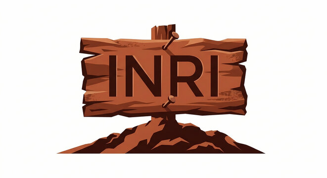 Wooden sign with inri text nailed to post easter crucifixion concept