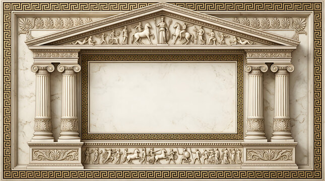 Ancient Greek Temple Pediment with Columns and Sculptures