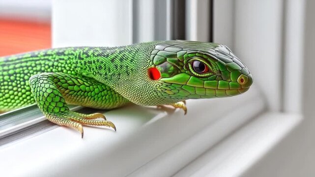 Vibrant green lizard with patterned scales, red mark, and striking eye, rests on a window sill