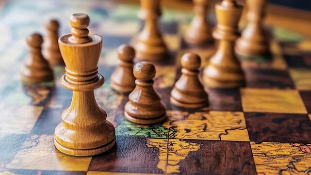 Wooden chess pieces on a board, King in focus, with other pieces blurred. Board shows a world map
