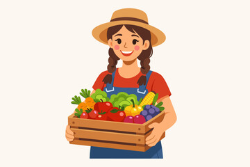 Vector illustration of a smiling female farmer in a straw hat and denim overalls holding a wooden crate filled with fresh organic vegetables and fruits, representing healthy harvest and agriculture.
