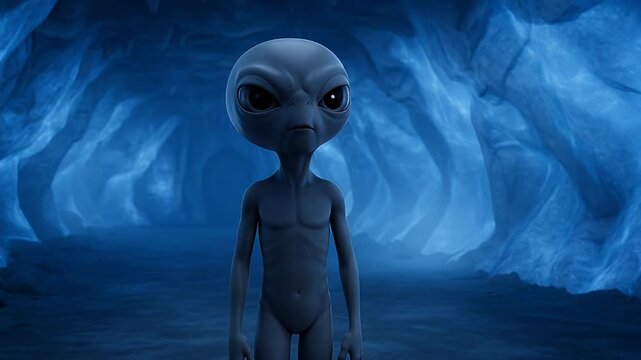 A serious grey alien humanoid figure stands in a blue cave
