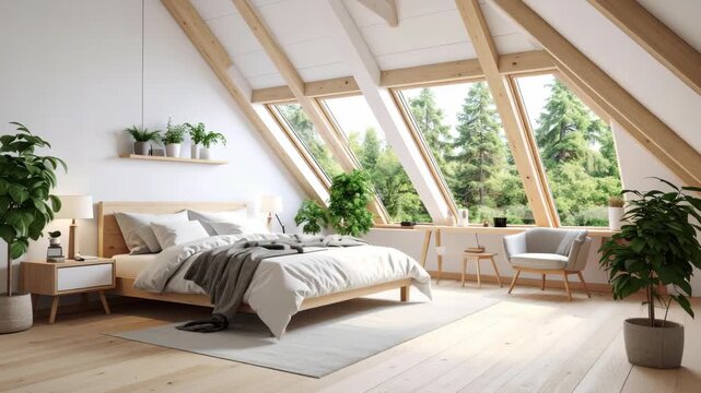 Modern bright attic bedroom with large skylight windows and scenic green pine forest view outside