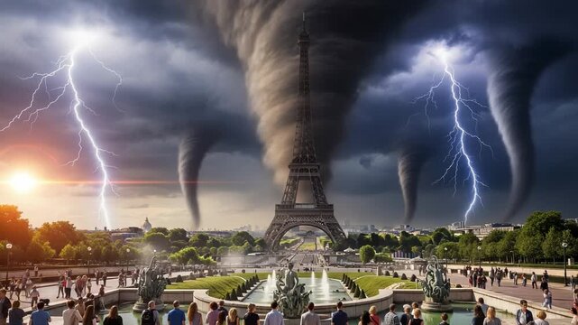 Catastrophic storm with tornadoes and lightning near eiffel tower