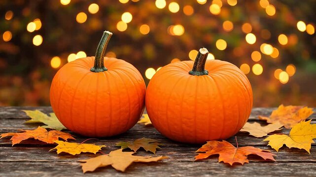 Two pumpkins on wooden surface with autumn leaves