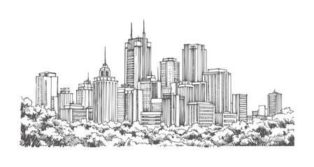Obraz premium Hand drawn of a dense city skyline with trees in the foreground urban architecture