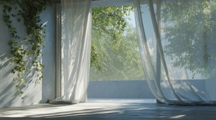 Fototapeta premium Sunlit indoor terrace with sheer curtains and climbing vines for interior design background wellness and relaxation poster template