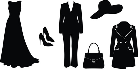 Collection of seven various aircraft silhouettes, black vector icons of passenger jets, fighter planes, a helicopter, and a vintage biplane isolated on white. © Only