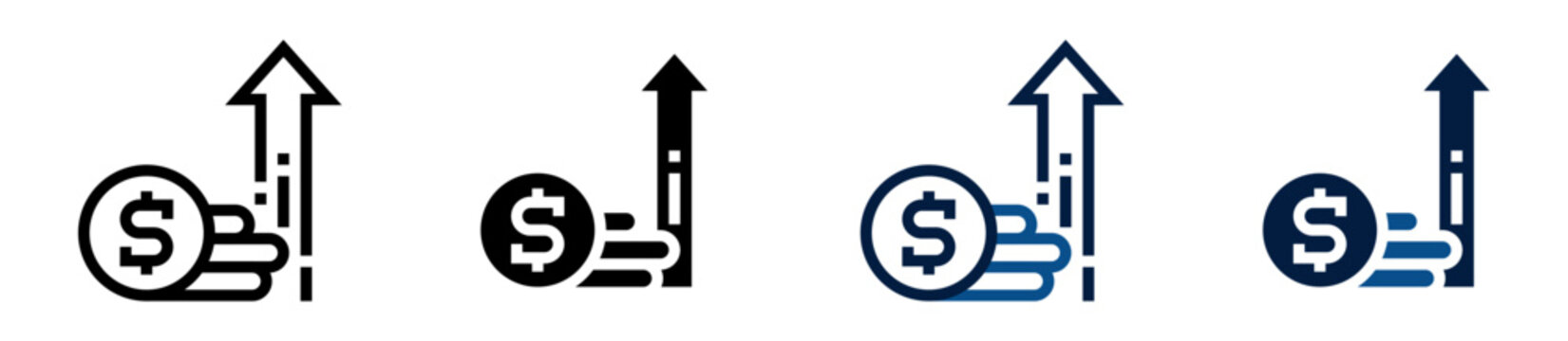 Iconos de crecimiento financiero. Monedas apiladas con flecha ascendente que representa aumento econ&oacute;mico, progreso monetario, desarrollo empresarial. Ilustraci&oacute;n vectorial