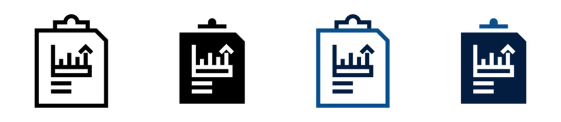 Iconos de informe estadístico. Portapapeles con gráfico ascendente, análisis de datos, reporte empresarial, evaluación numérica, medición de resultados. Ilustración vectorial