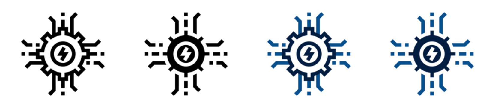 Iconos de energ&iacute;a tecnol&oacute;gica. Engranaje con rayo y conexiones digitales, sistema energ&eacute;tico, tecnolog&iacute;a industrial, potencia digital, red tecnol&oacute;gica. Ilustraci&oacute;n vectorial