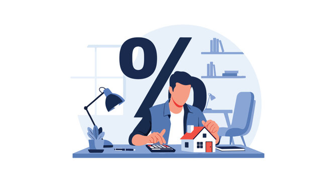 Flat vector illustration of man calculating mortgage payments using calculator with percentage and house symbol. Financial planning and home loan affordability concept