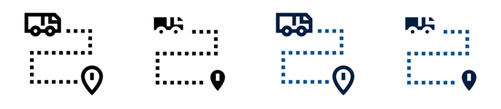 Iconos de ruta de entrega. Trayectoria log&iacute;stica con cami&oacute;n y ubicaci&oacute;n, transporte de mercanc&iacute;a, distribuci&oacute;n comercial, seguimiento de env&iacute;o, log&iacute;stica empresarial. Ilustraci&oacute;n vectorial