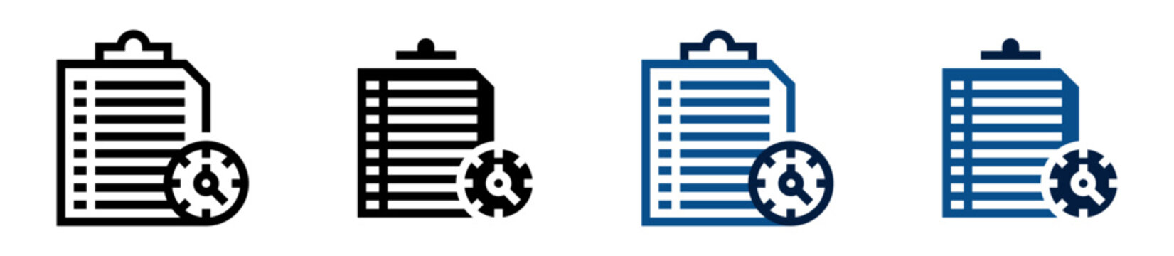 Iconos de tarea programada. Portapapeles con reloj, planificaci&oacute;n de actividades, gesti&oacute;n del tiempo, organizaci&oacute;n laboral, control de tareas. Ilustraci&oacute;n vectorial