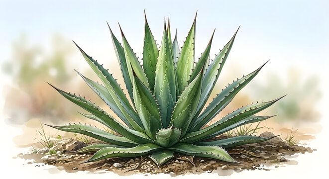 Realistic agave plant illustration growing in desert soil with detailed green spiky leaves