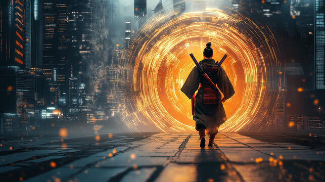 Ancient Samurai Warrior Walking toward a Glowing Digital Portal in a Futuristic Cyberpunk City