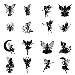Fototapeta premium Set of magical fairy silhouettes in various poses and natural settings, including fairies with wings, sitting on moons, mushrooms, and leaves, perfect for fantasy designs.