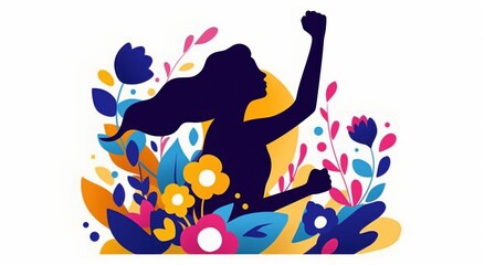 Silhouette of Woman with Raised Fist Surrounded by Colorful Floral Elements