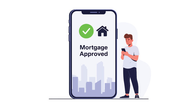 Flat vector illustration of young man receiving mortgage approval notification on smartphone with checkmark and house icon. Online banking and digital home loan process concept