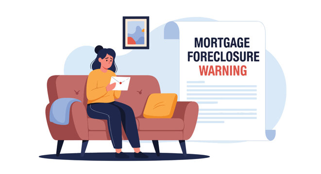 Modern flat vector illustration of worried homeowner holding foreclosure notice while sitting on couch. Mortgage debt risk and financial difficulty concept