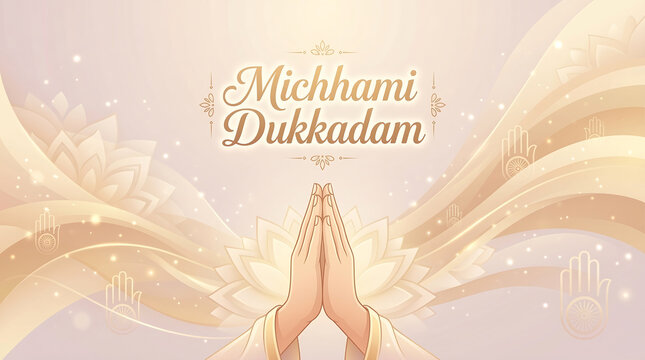 Praying hands with michhami dukkadam text golden design spiritual and peaceful background