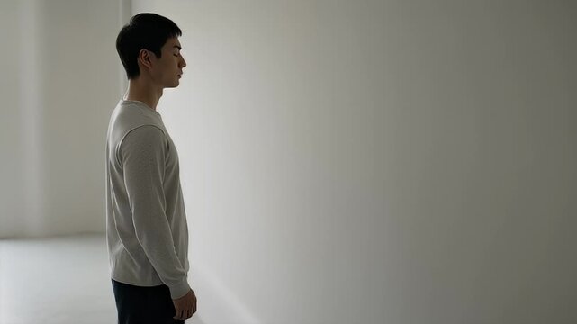 Minimalist studio shot of a man in contemplation or relaxation posture