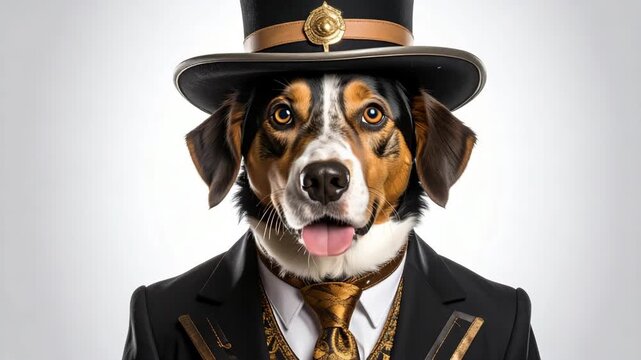 Portrait of an anthropomorphic tricolor dog dressed in a vintage victorian steampunk suit and top hat with gold accents