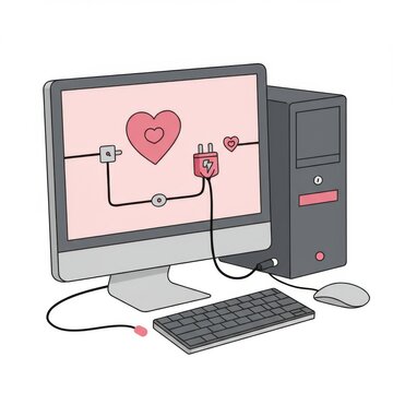 Desktop Computer with Heart Illustration on Monitor Screen in Pastel Colors