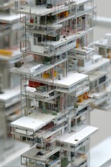 Architectural scale model detail of stacked modular interiors with open floors and exposed systems for architecture concept study and design presentation background