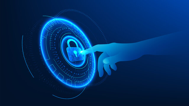 Quantum cybersecurity hand pressing a lock icon inside a high-tech circular interface, representing advanced data protection, quantum encryption, digital security systems, and cyber threat prevention.