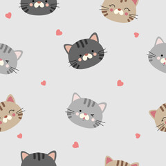 Fototapeta premium seamless cute cat heads pattern with mini heart on gray background , vector , illustration
