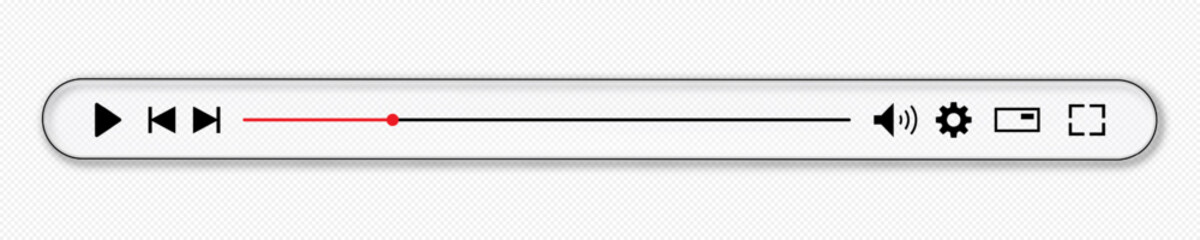 Videoplayer bar template glass morphism style with button play, timelime, speaker, volume. Audio player for songs, podcast playlist vector