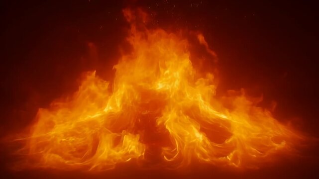 An enormous, infernolike fire rages fiercely, casting an orange glow on everything