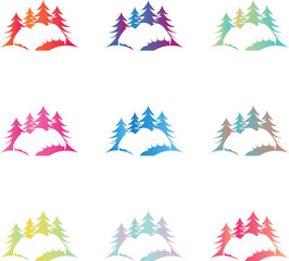 Obraz premium Colorful Pine Tree Icons Set, Forest Evergreen Conifer Vector Design Elements