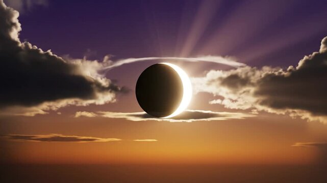 Solar Eclipse with Clouds and Sunbeams.