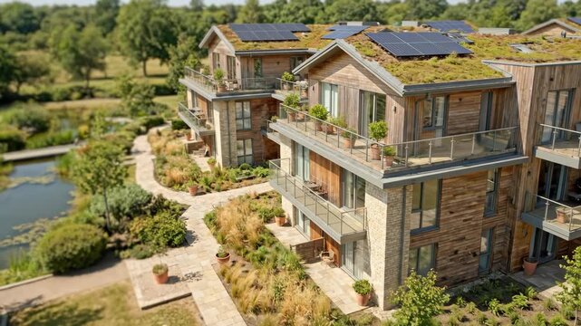 Aerial View of Eco Friendly Apartments with Solar Panels and Green Roofs 4K