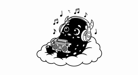 Fototapeta premium Cute monster with headphones and boombox, listening to music on a cloud