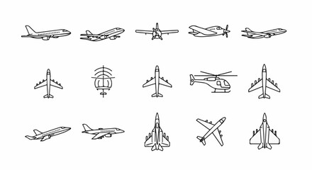 Collection of various aircraft and helicopter line art icons