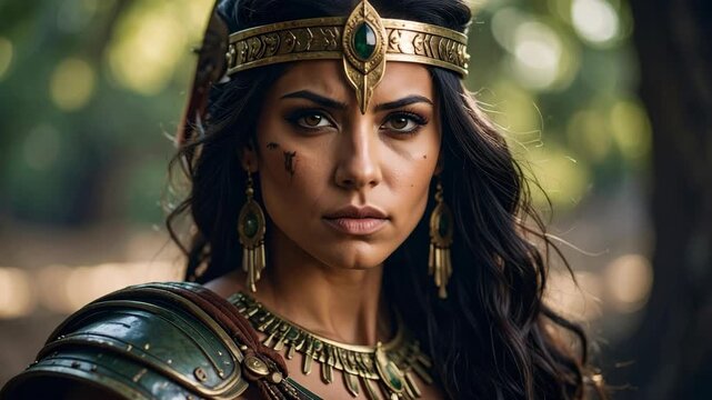 Portrait of a fierce female warrior with a gold crown and emerald jewelry in a lush green forest setting