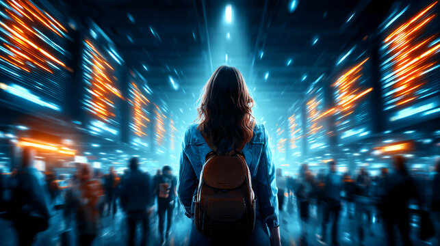 A young woman with a backpack is standing with her back to the camera in a brightly lit modern train station or airport, surrounded by a moving crowd of people and electronic flight schedules.