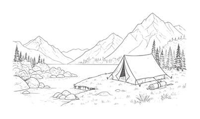 Hand drawn camping scene with tent by lake and mountains nature © Mosta