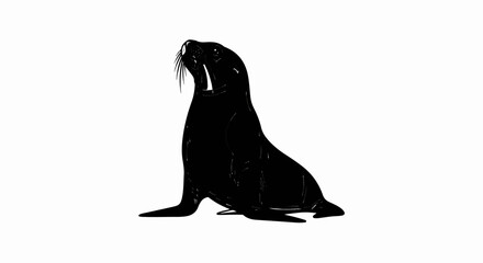 Black seal with prominent white tusks and whiskers on a white background © Kucing