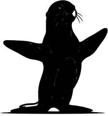 Black seal with flippers spread wide, looking up and to the side © Kucing