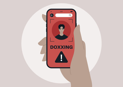 A hand holds a mobile phone displaying a striking doxxing profile, Bright red alert symbols emphasize the dangers of privacy invasion in the digital world, Awareness grows about personal safety.