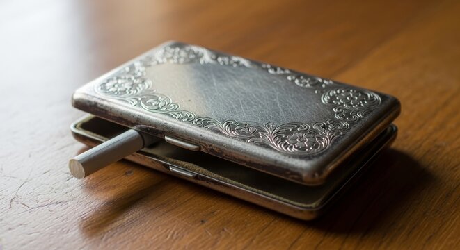 Vintage Ornate Silver Cigarette Case on Wood Surface