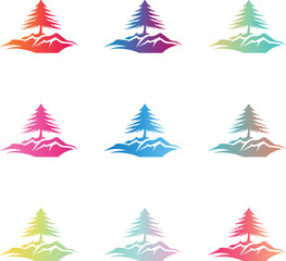 Obraz premium Colorful Pine Tree Mountain Icon Set, Nature Landscape Elements Vector Illustration