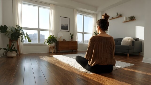 A woman sits in meditation on a fluffy rug in a sunlit modern apartment living room