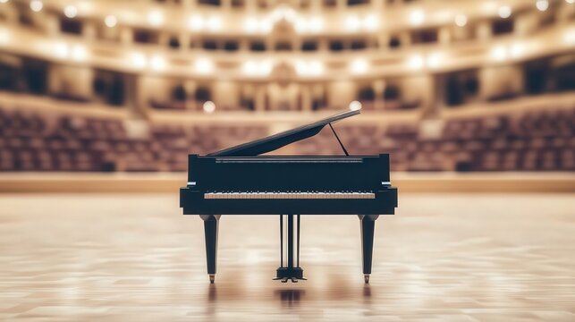 A grand piano is positioned center stage in a beautifully lit concert hall, showcasing elegance and artistry, Ideal for themes related to music, performance, or event promotion,